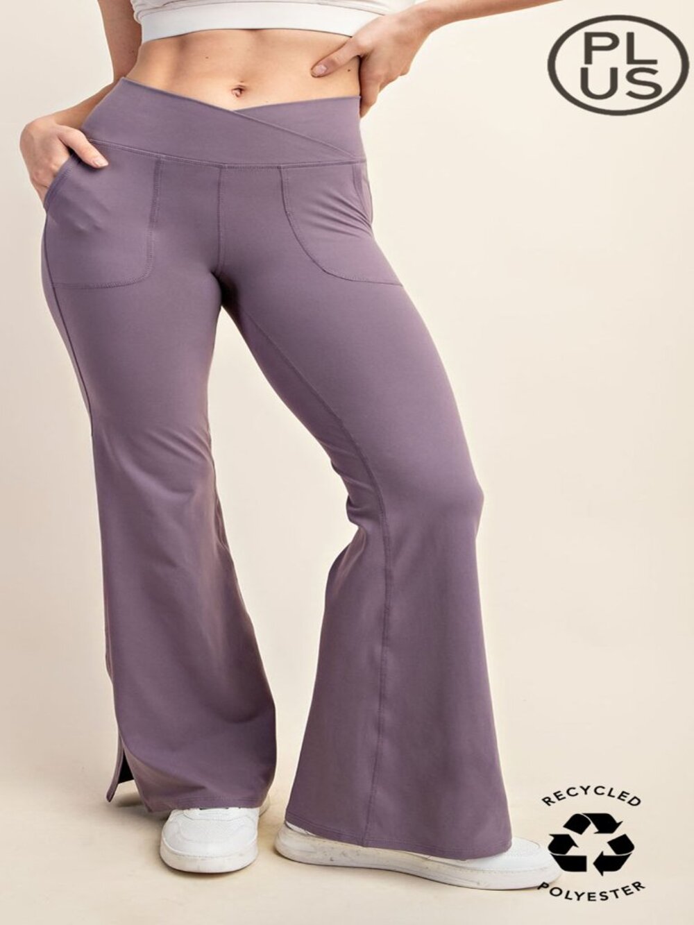 WOMENS BUTTERY PLUS SIZE V WAIST FLARE YOGA LEGGINGS W/POCKETS MULBERRY 1X-3X